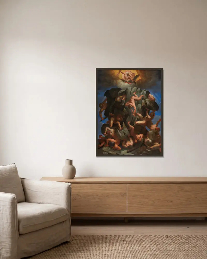 The Fall of the Giants av Guido Reni inramad på en vägg