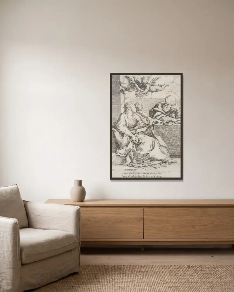 Den heliga familjen med två änglar av Guido Reni inramad på en vägg