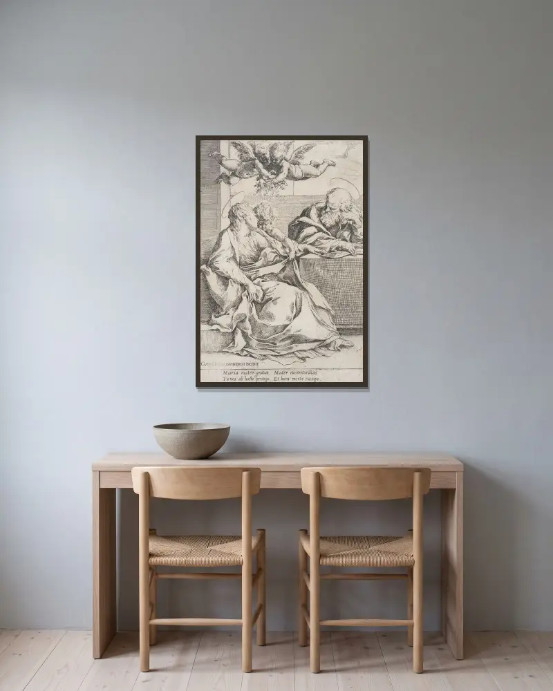 Den heliga familjen med två änglar av Guido Reni inramad på en vägg