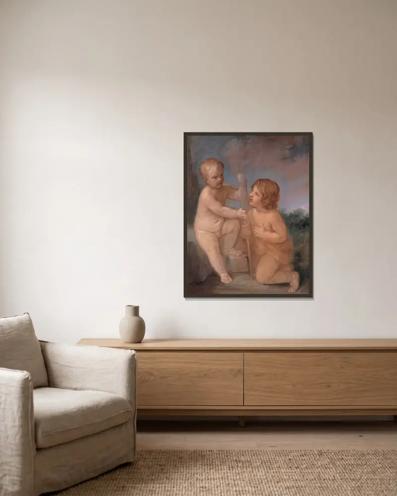 Jesusbarnet och Johannes av Guido Reni inramad på en vägg