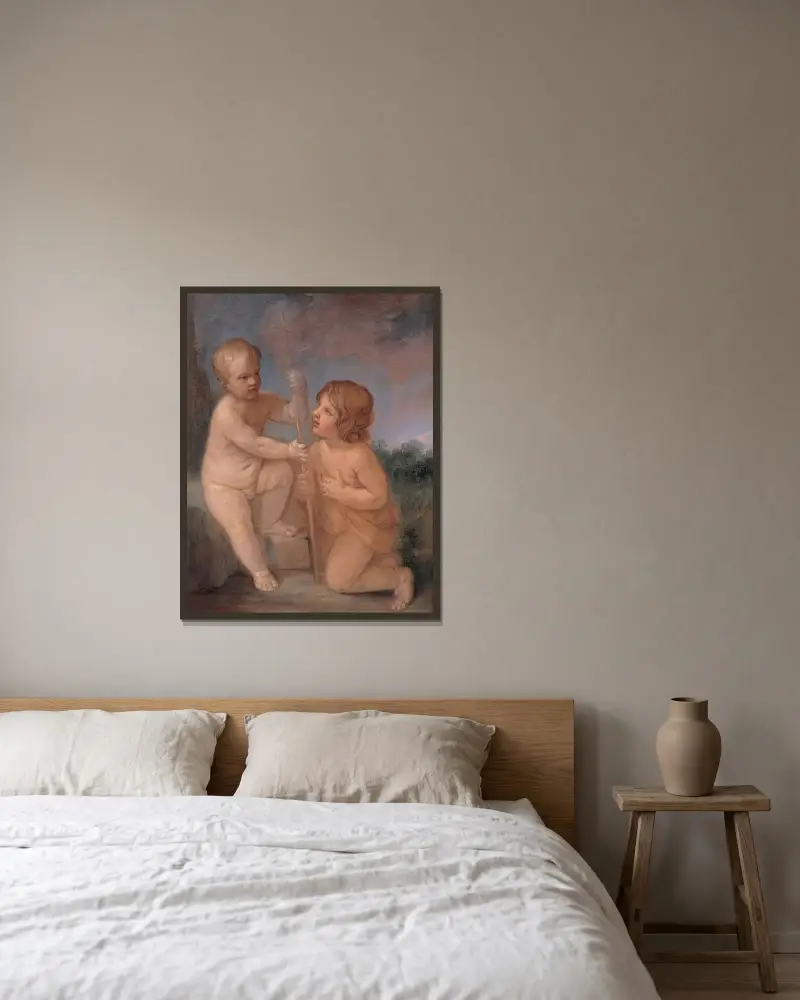 Jesusbarnet och Johannes av Guido Reni inramad på en vägg