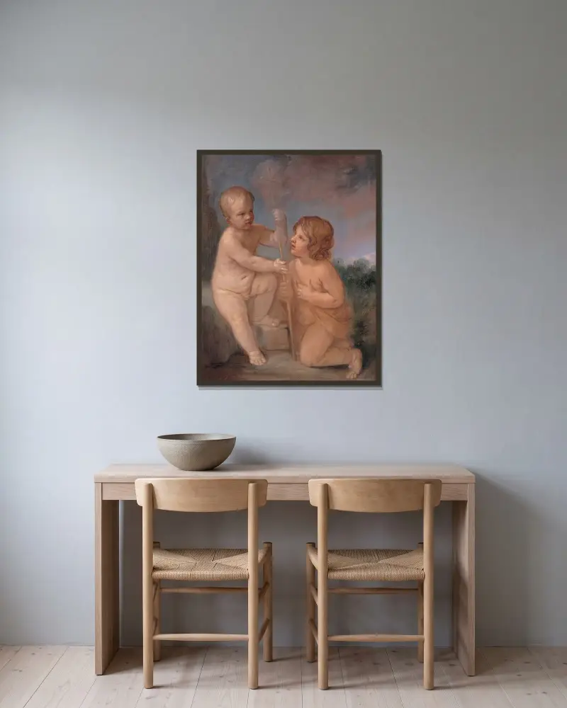 Jesusbarnet och Johannes av Guido Reni inramad på en vägg