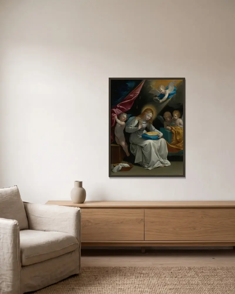 Jungfrun som syr, med fyra änglar (La Couseuse) av Guido Reni inramad på en vägg