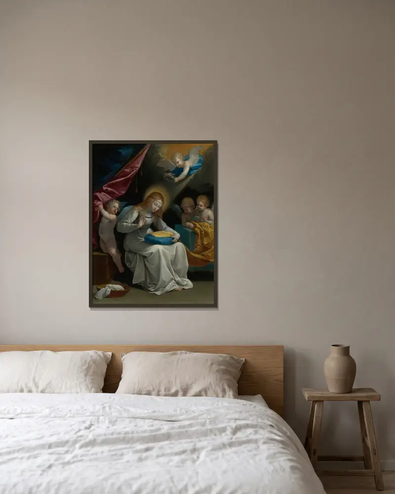Jungfrun som syr, med fyra änglar (La Couseuse) av Guido Reni inramad på en vägg