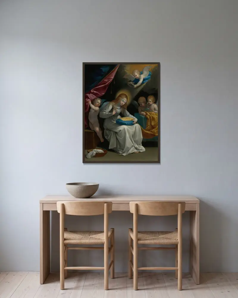 Jungfrun som syr, med fyra änglar (La Couseuse) av Guido Reni inramad på en vägg