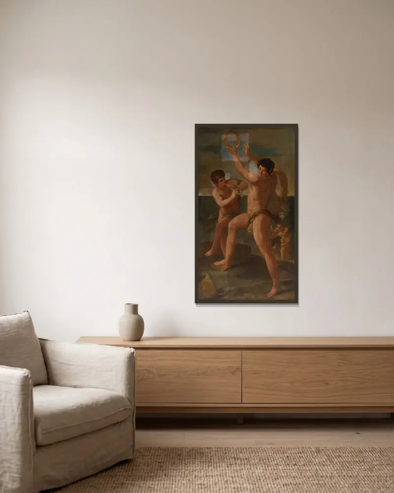 Två fauner i backisk dans av Guido Reni inramad på en vägg