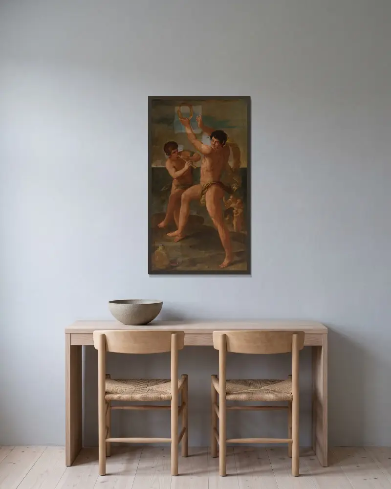 Två fauner i backisk dans av Guido Reni inramad på en vägg