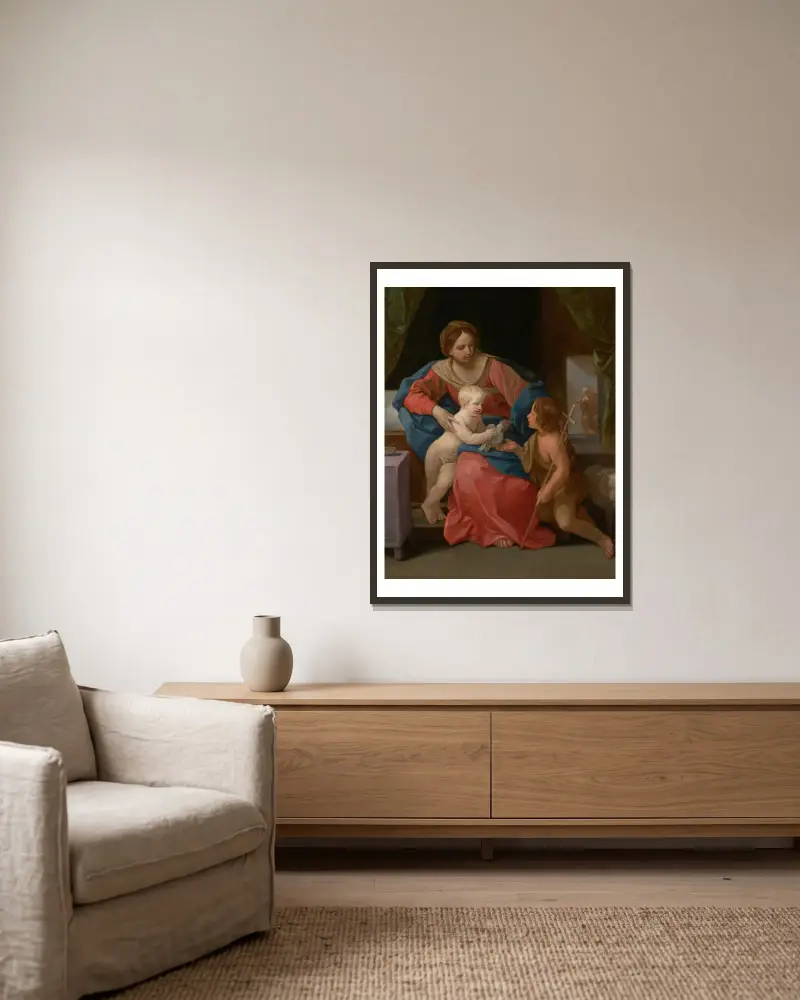 Virgin and Child with Saint John the Baptist av Guido Reni inramad på en vägg