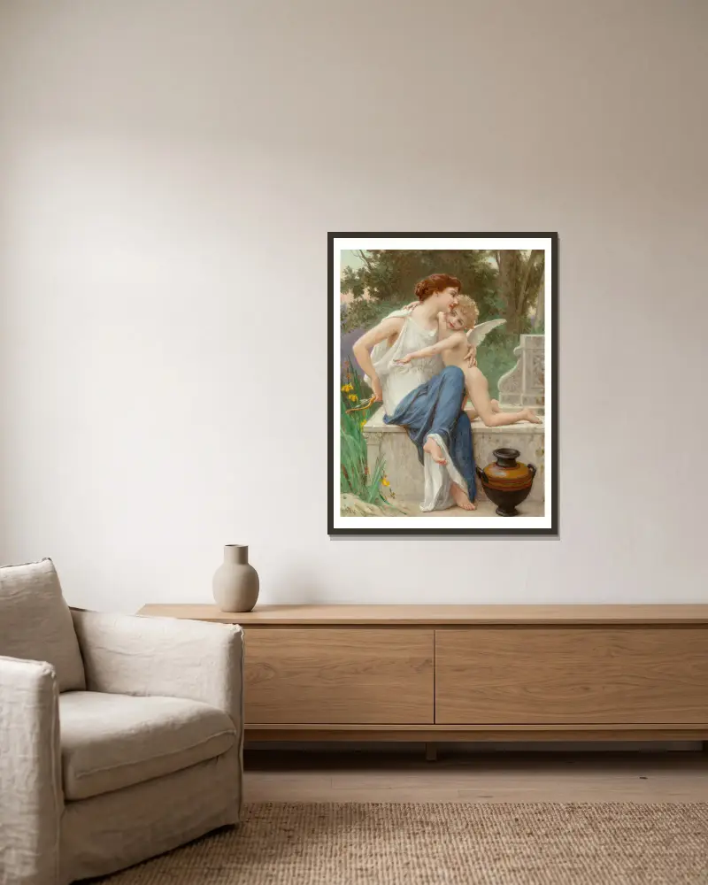Die Entwaffnung Amors von Guillaume Seignac gerahmt an einer Wand