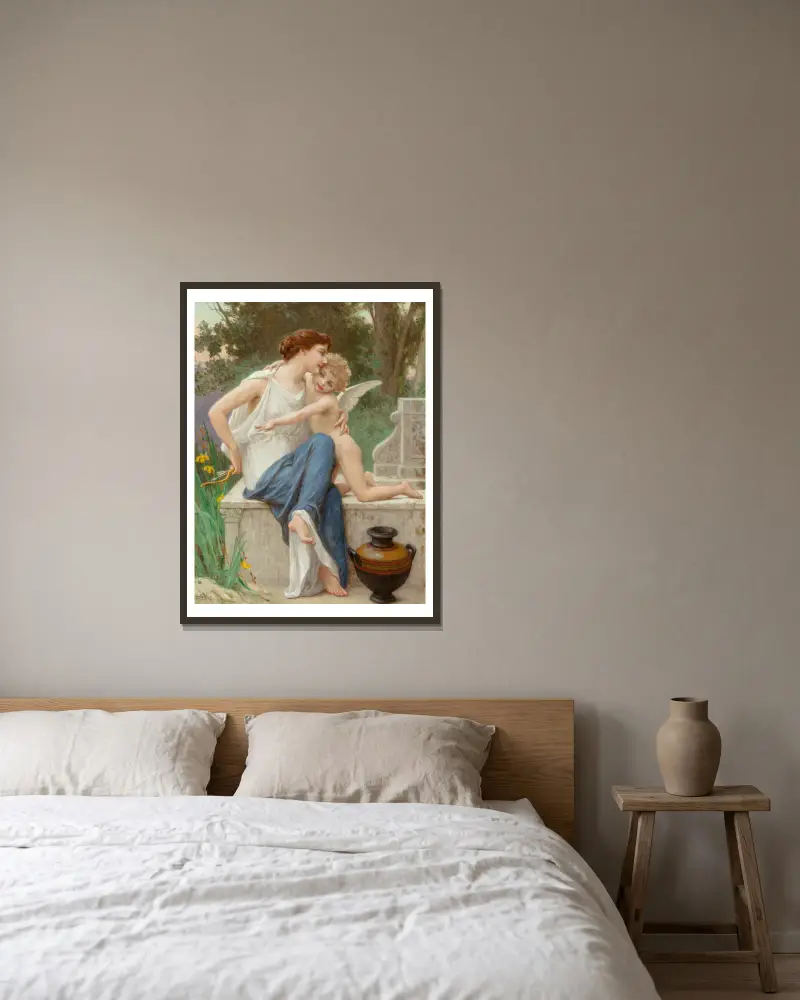 Die Entwaffnung Amors von Guillaume Seignac gerahmt an einer Wand