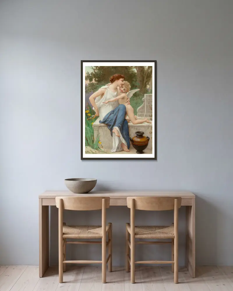 Die Entwaffnung Amors von Guillaume Seignac gerahmt an einer Wand