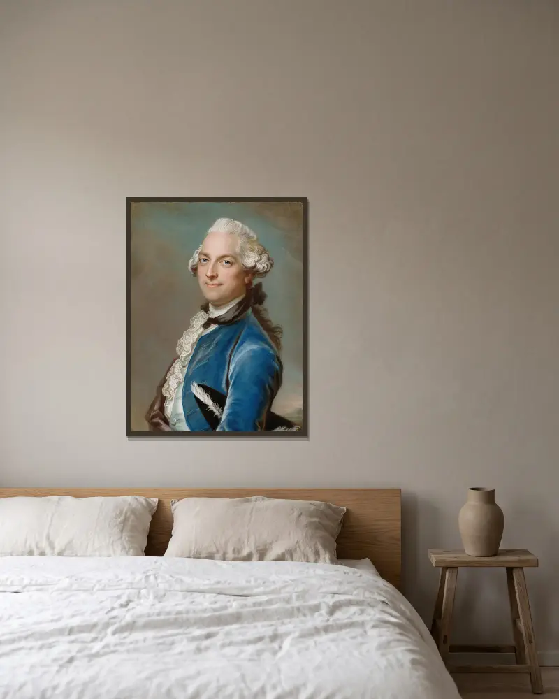 Poeten Gustaf Fredrik Gyllenborg av Gustaf Lundberg inramad på en vägg