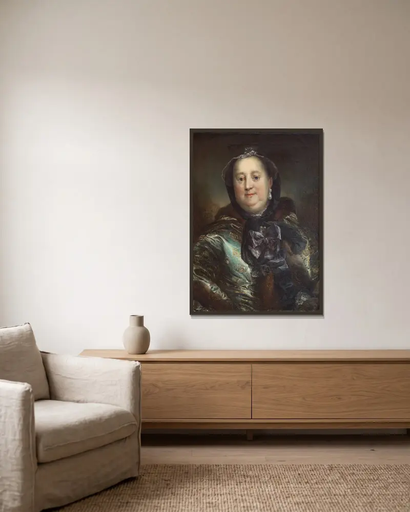 Porträtt av hertiginnan Antoinette Amalie av Braunschweig-Wolfenbüttel av Carl Gustaf Pilo inramad på en vägg