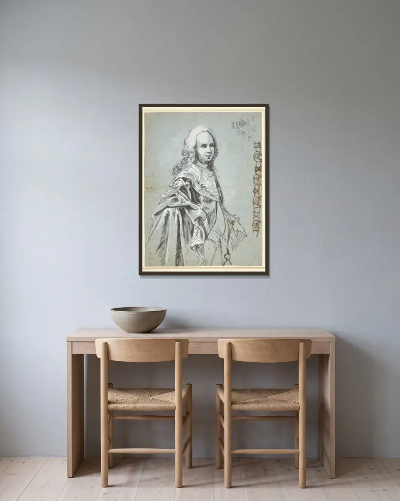 Studie till ett porträtt, troligen av A.G. Moltke; till höger på bladet studie till Elefantordenskedjan av Carl Gustaf Pilo inramad på en vägg