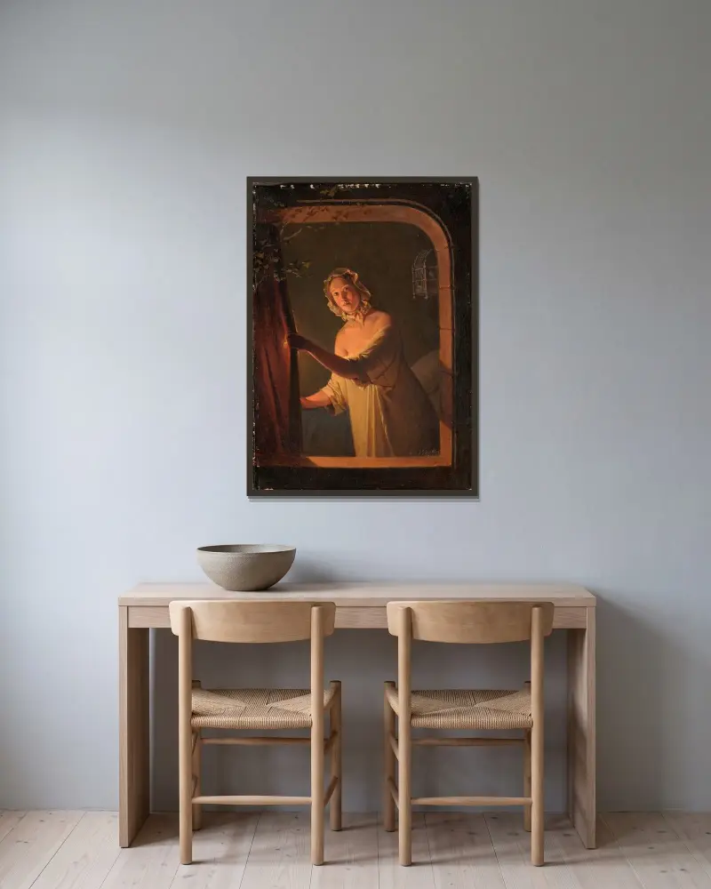 Girl by candlelight av Johan Gustaf Sandberg inramad på en vägg