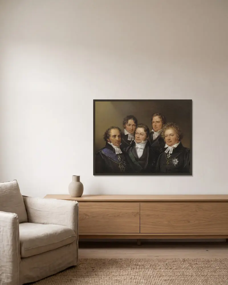 Johan Olof Wallin, Jöns Jacob Berzelius, Frans Michael Franzén, Erik Gustaf Geijer and Esaias Tegnér av Johan Gustaf Sandberg inramad på en vägg