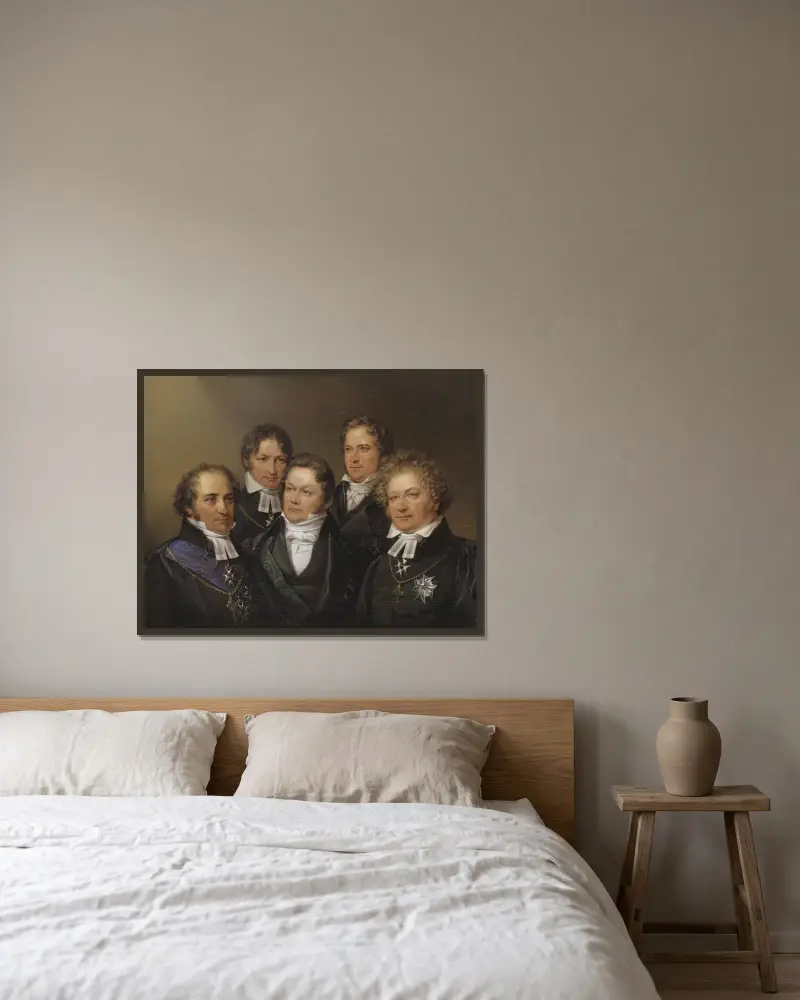 Johan Olof Wallin, Jöns Jacob Berzelius, Frans Michael Franzén, Erik Gustaf Geijer and Esaias Tegnér av Johan Gustaf Sandberg inramad på en vägg