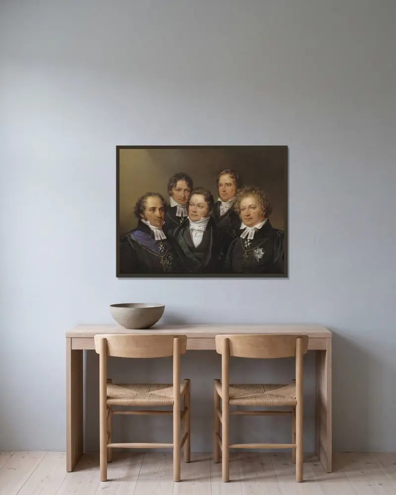 Johan Olof Wallin, Jöns Jacob Berzelius, Frans Michael Franzén, Erik Gustaf Geijer and Esaias Tegnér av Johan Gustaf Sandberg inramad på en vägg