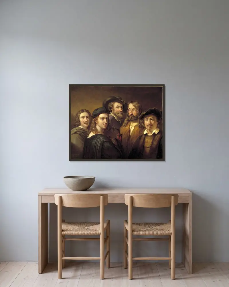 Rafael, Rembrandt Harmensz. van Rijn, Nicolas Poussin, Albrecht Dürer and Peter Paul Rubens av Johan Gustaf Sandberg inramad på en vägg