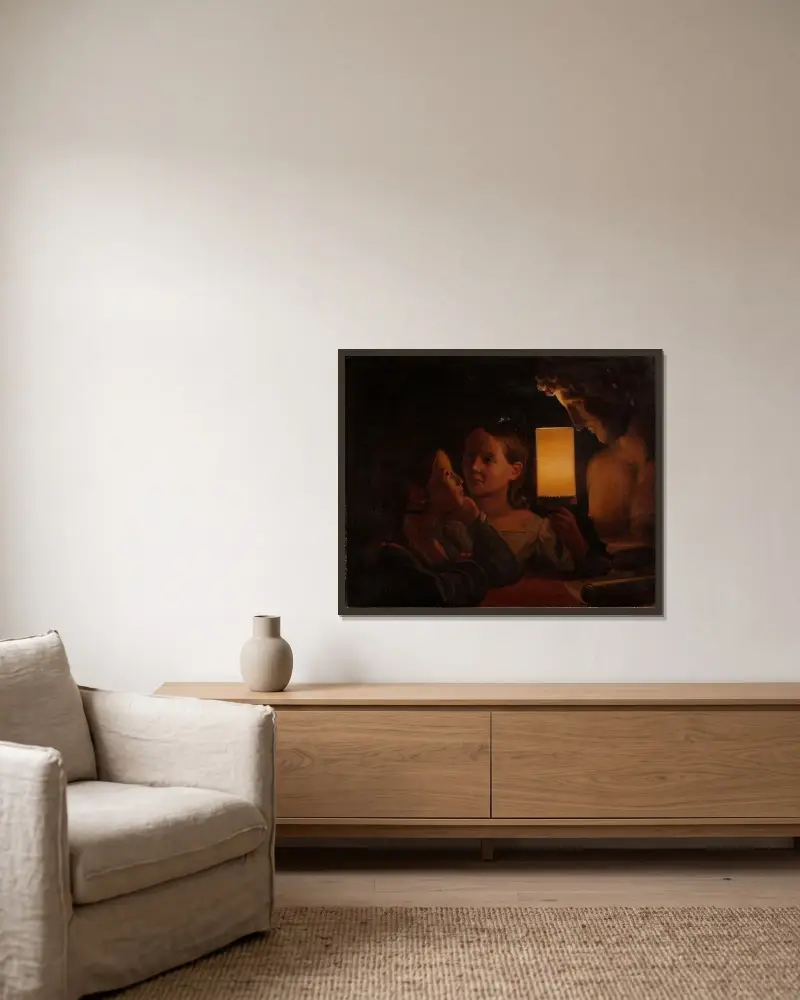 Two Children Illuminating a Sculpted Bust av Johan Gustaf Sandberg inramad på en vägg