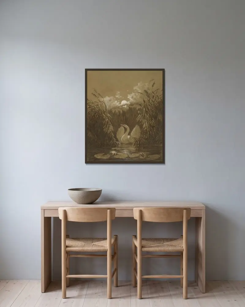 En svan bland vassen, i månsken av Carl Gustav Carus inramad på en vägg