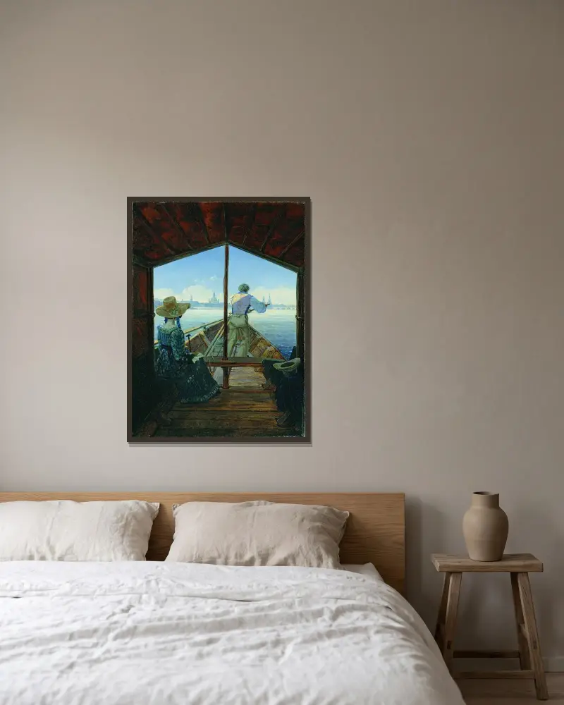 Pråmtur på Elbe nära Dresden (Morgon på Elbe) av Carl Gustav Carus inramad på en vägg