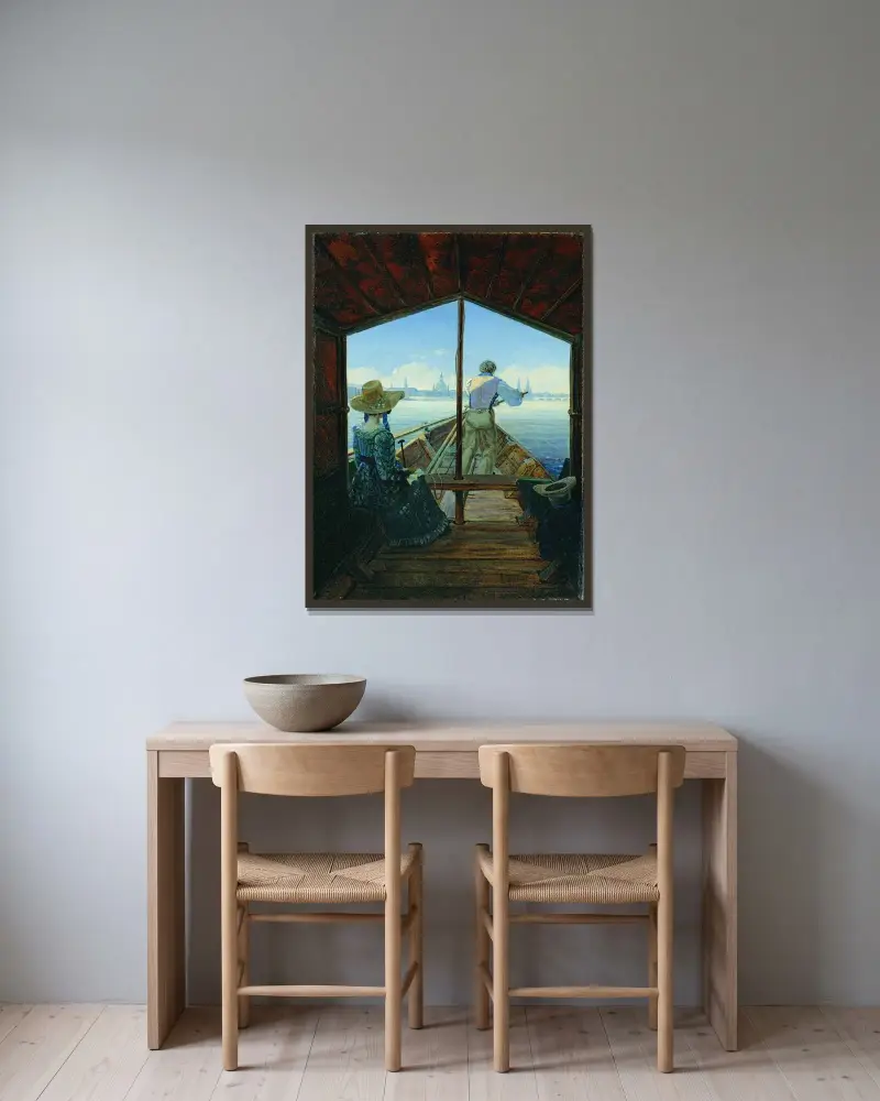 Pråmtur på Elbe nära Dresden (Morgon på Elbe) av Carl Gustav Carus inramad på en vägg