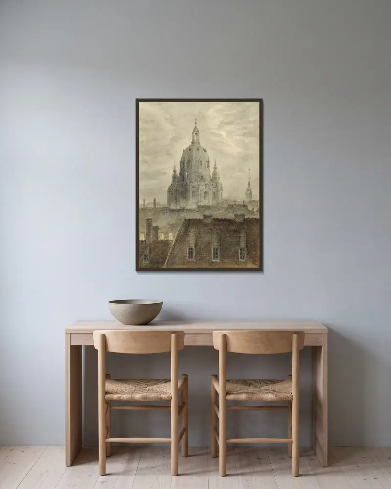 Frauenkirche i Dresden av Carl Gustav Carus inramad på en vägg