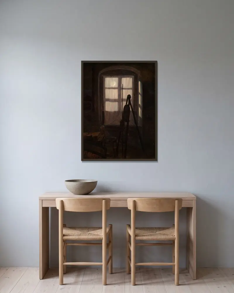 Målarstuga i månsken av Carl Gustav Carus inramad på en vägg