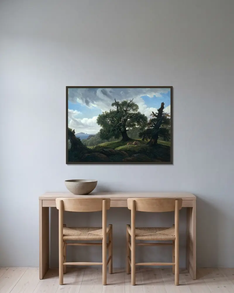 Minne av en skogbevuxen ö i Östersjön (Ekar vid havet) av Carl Gustav Carus inramad på en vägg