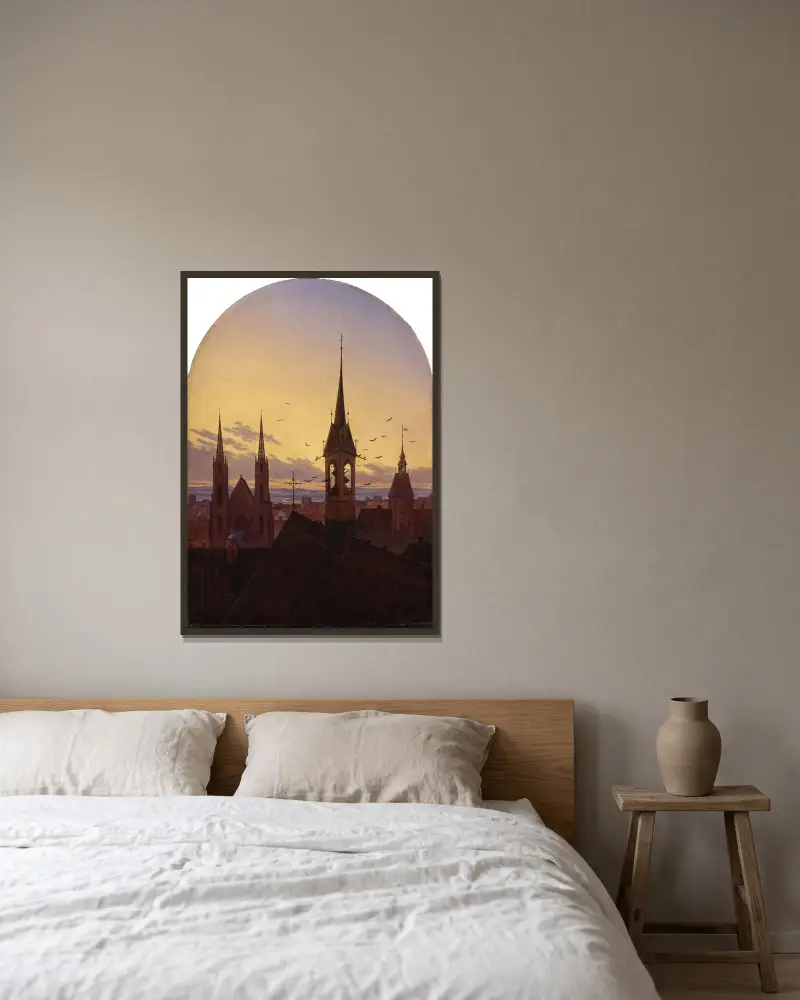 Morgonringning (Gammal tysk stad i morgonljus) av Carl Gustav Carus inramad på en vägg