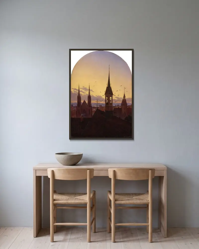 Morgonringning (Gammal tysk stad i morgonljus) av Carl Gustav Carus inramad på en vägg