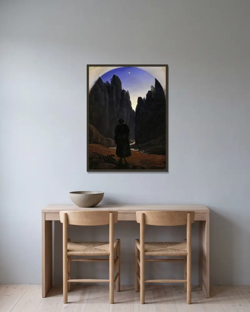 Pilgrim i en klippdal av Carl Gustav Carus inramad på en vägg