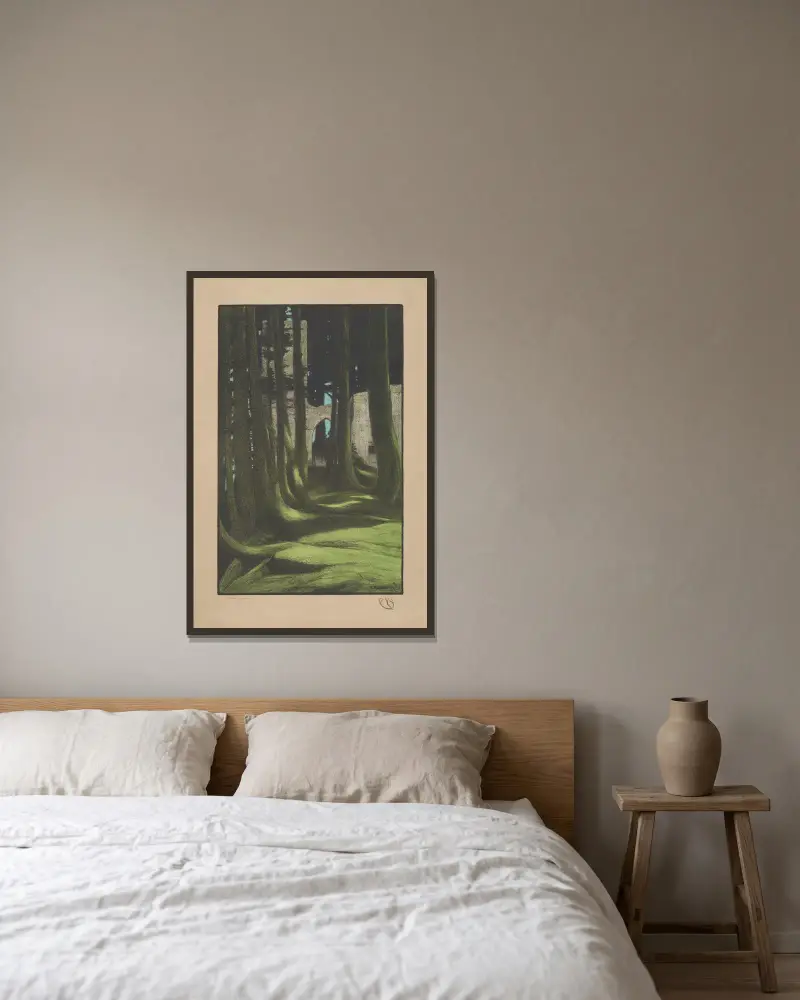 Ruinen im Wald von Gustav Kampmann gerahmt an einer Wand