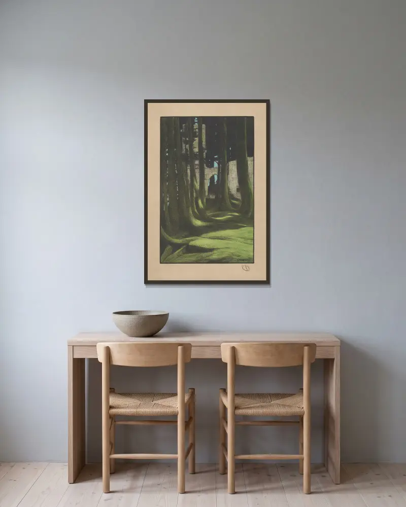 Ruinen im Wald von Gustav Kampmann gerahmt an einer Wand