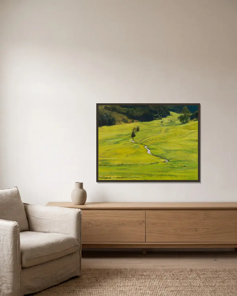 Sonniges Waldtal mit Bach von Gustav Kampmann gerahmt an einer Wand