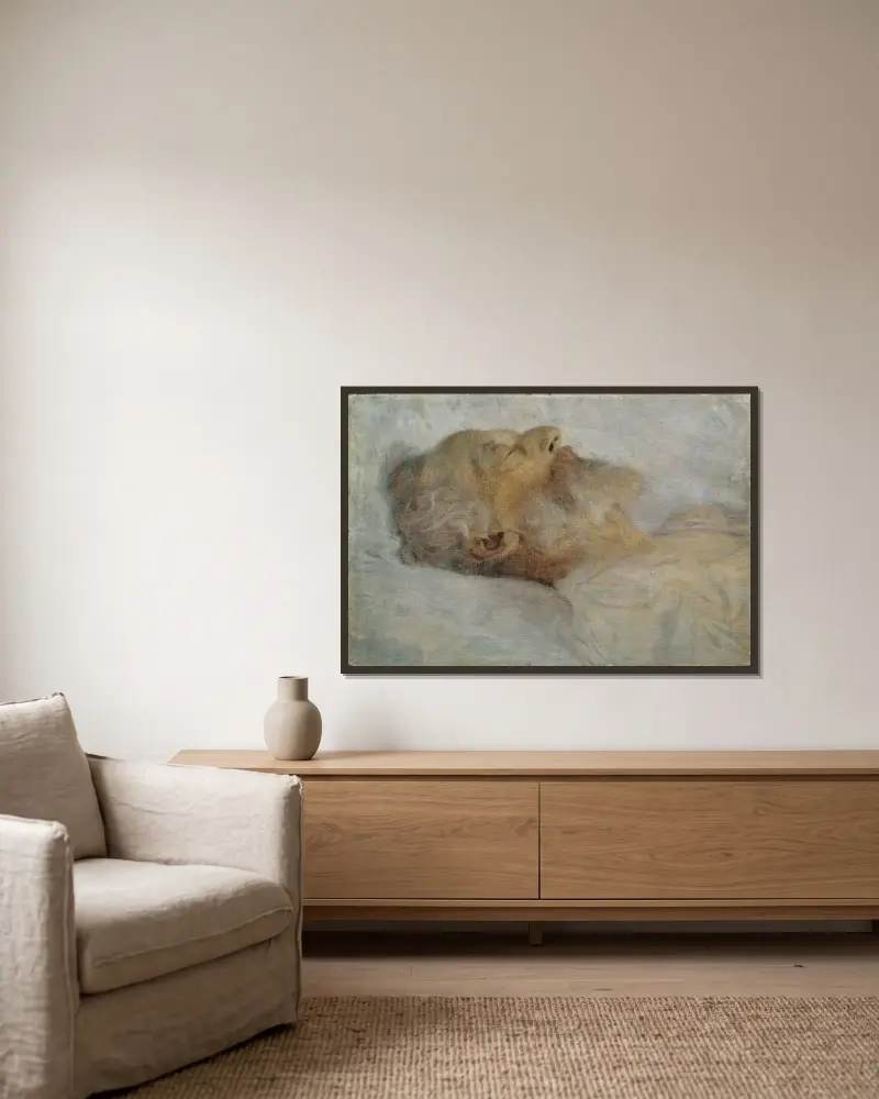 Alter Mann auf dem Totenbett av Gustav Klimt inramad på en vägg