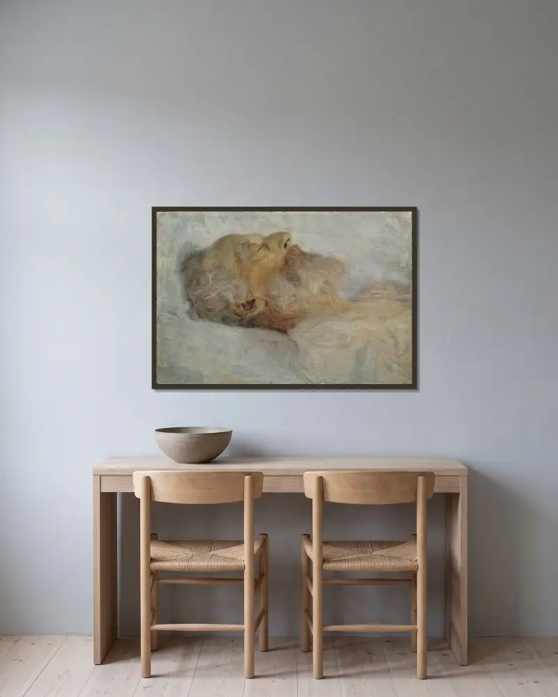 Alter Mann auf dem Totenbett av Gustav Klimt inramad på en vägg
