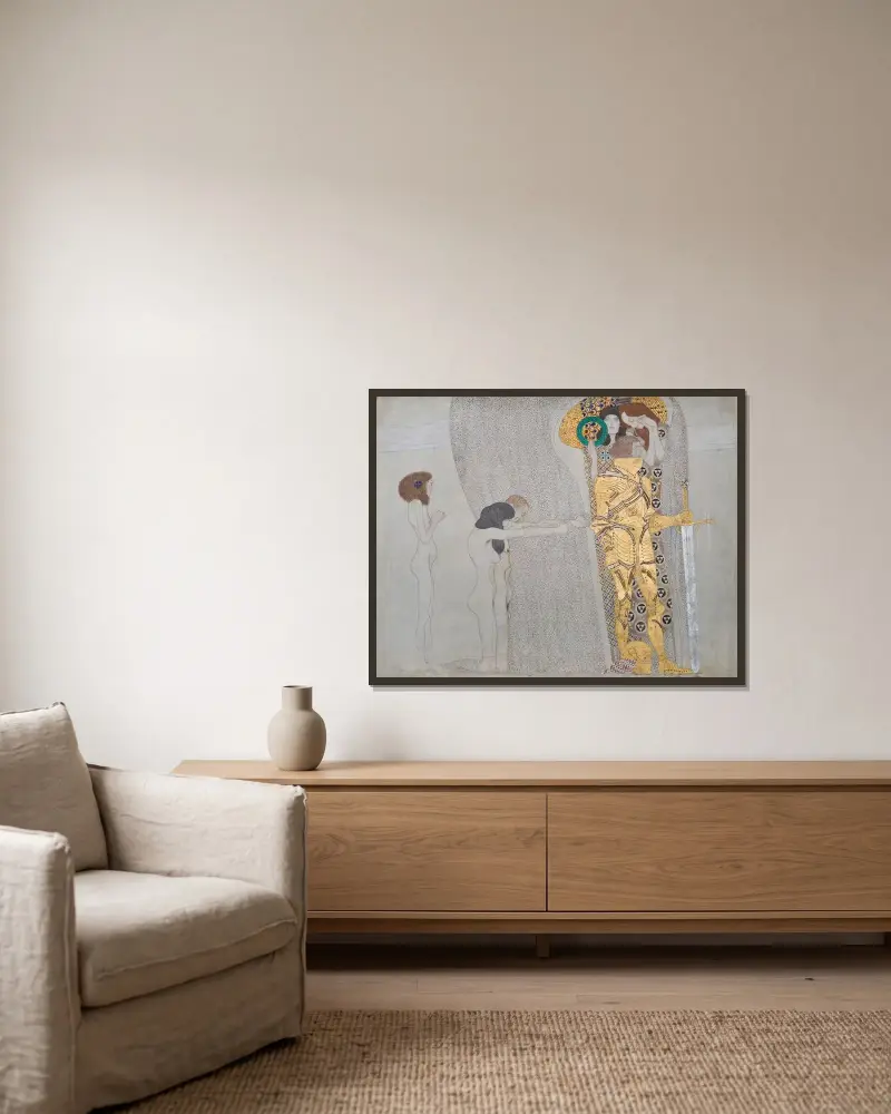 Beethovenfries; ‘Die Leiden der schwachen Menschheit’ und ‘Der wohlgerüstete Starke’ (Tafel 3, linke Langwand) av Gustav Klimt inramad på en vägg