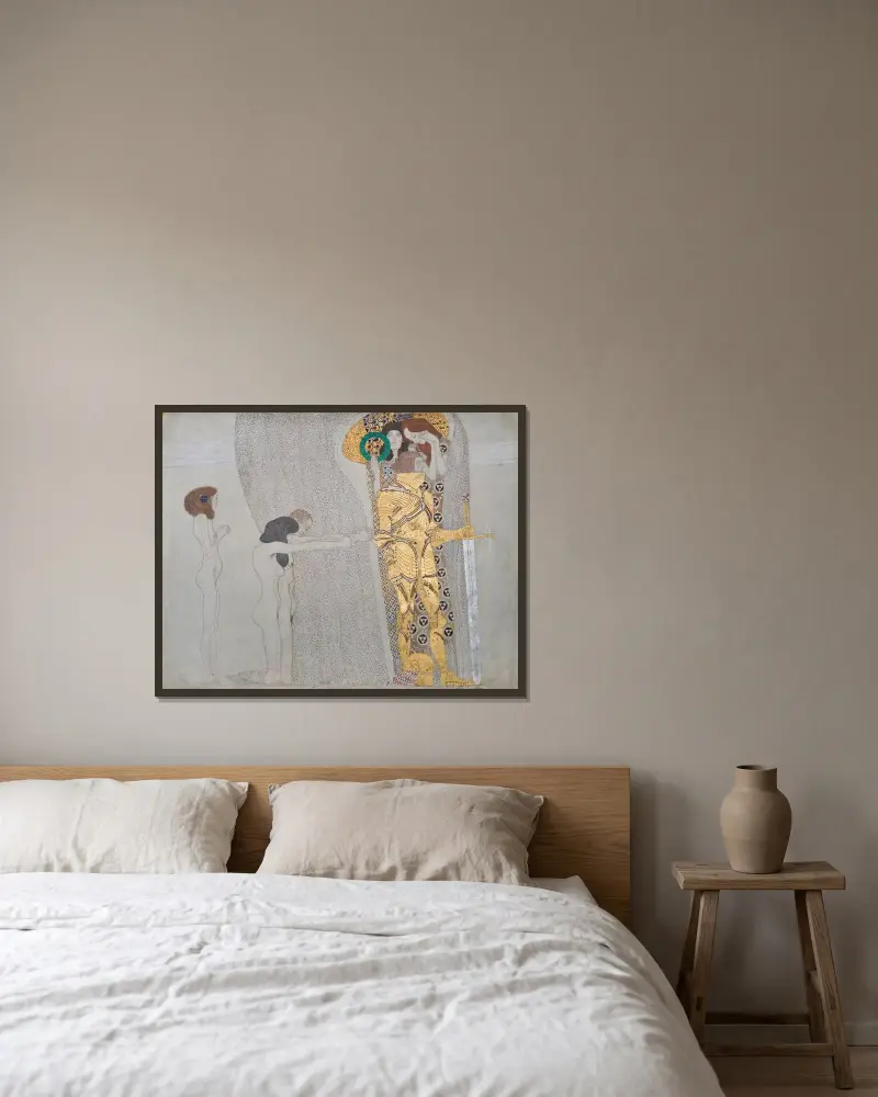 Beethovenfries; ‘Die Leiden der schwachen Menschheit’ und ‘Der wohlgerüstete Starke’ (Tafel 3, linke Langwand) av Gustav Klimt inramad på en vägg