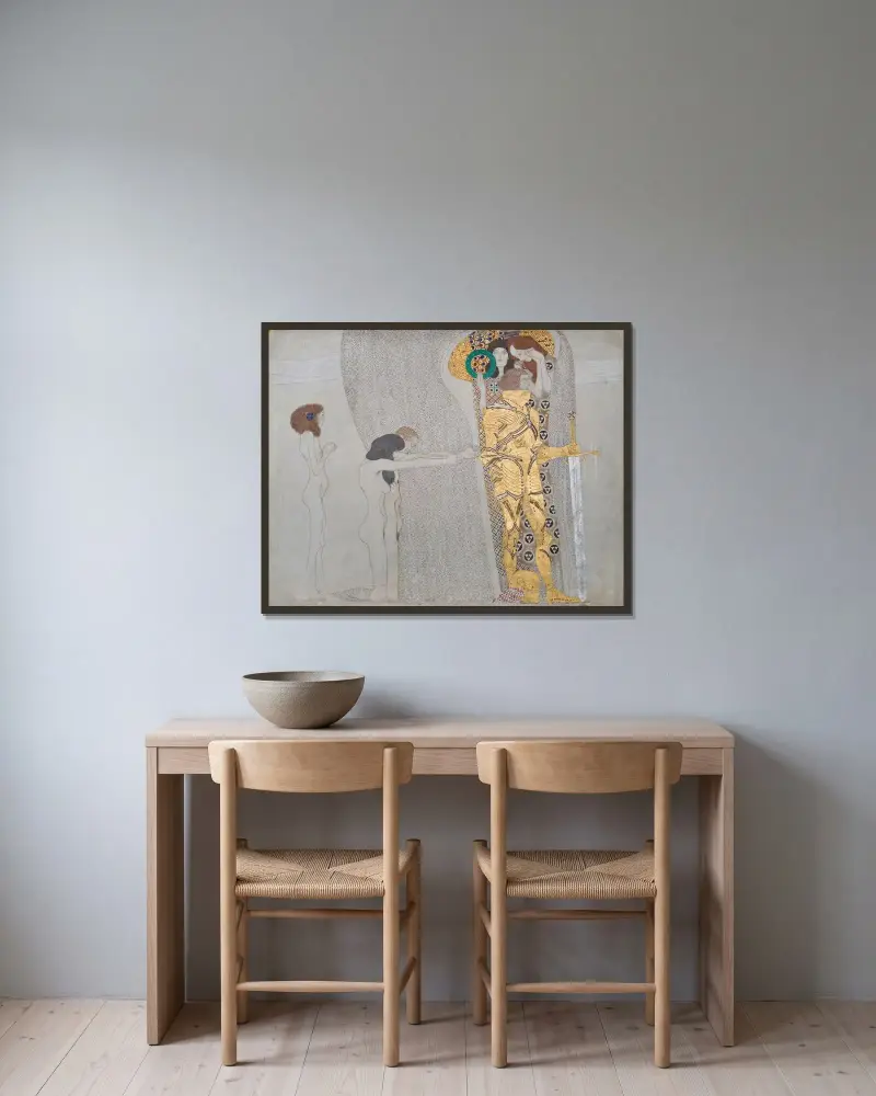 Beethovenfries; ‘Die Leiden der schwachen Menschheit’ und ‘Der wohlgerüstete Starke’ (Tafel 3, linke Langwand) av Gustav Klimt inramad på en vägg