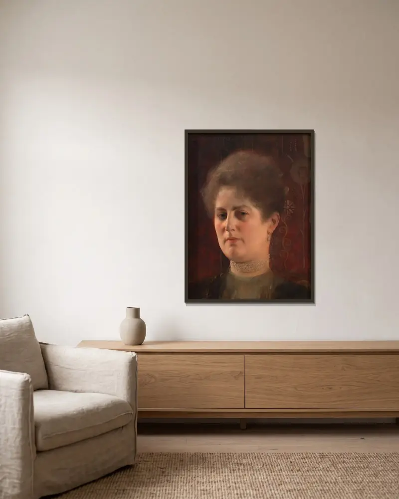 Bildnis einer unbekannten Frau (Frau Heymann) av Gustav Klimt inramad på en vägg