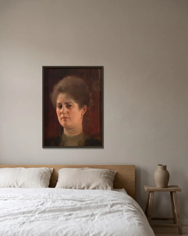 Bildnis einer unbekannten Frau (Frau Heymann) av Gustav Klimt inramad på en vägg
