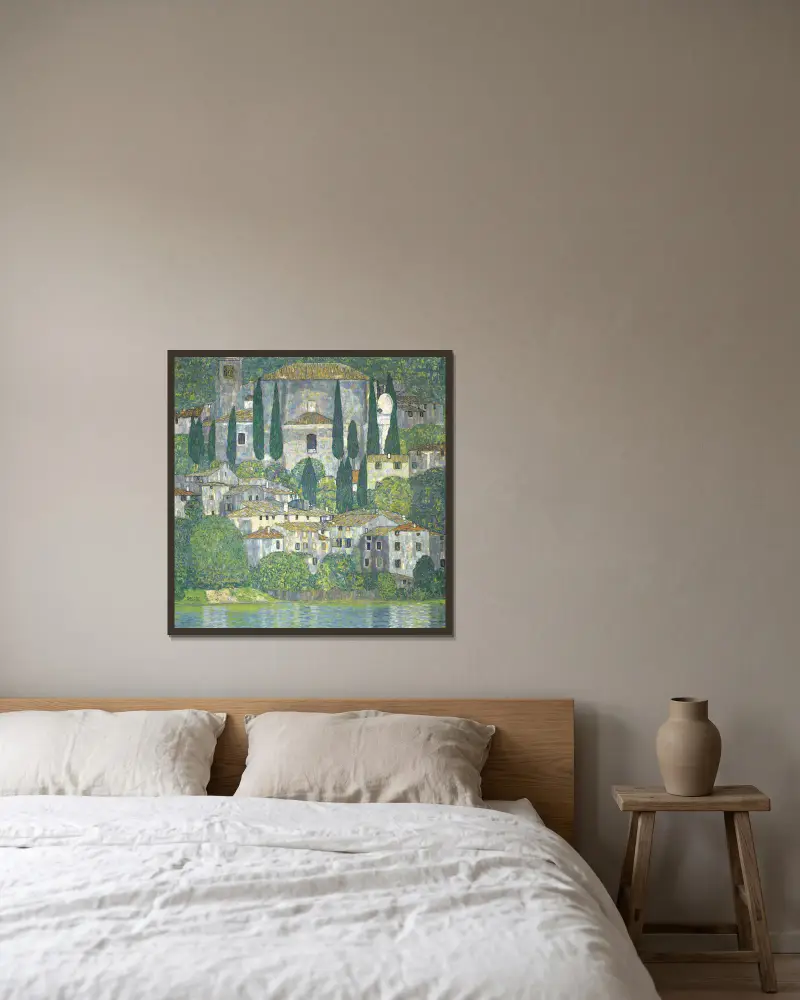 Church In Cassone – Landscape With Cypresses av Gustav Klimt inramad på en vägg