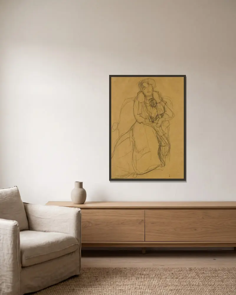 Im Lehnstuhl sitzend von vorne (Seated in an Armchair Seen Head-On) av Gustav Klimt inramad på en vägg