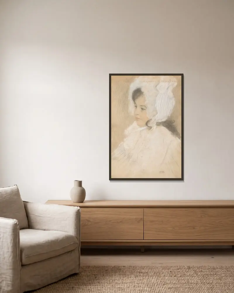 Kinderbildnis (Marie Moll) von Gustav Klimt gerahmt an einer Wand