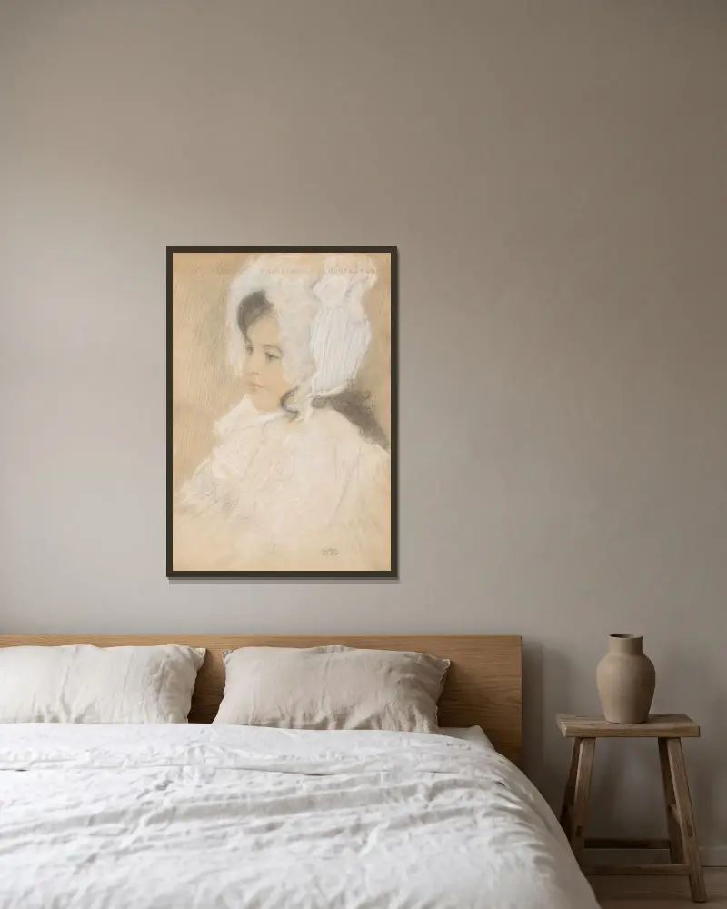 Kinderbildnis (Marie Moll) von Gustav Klimt gerahmt an einer Wand