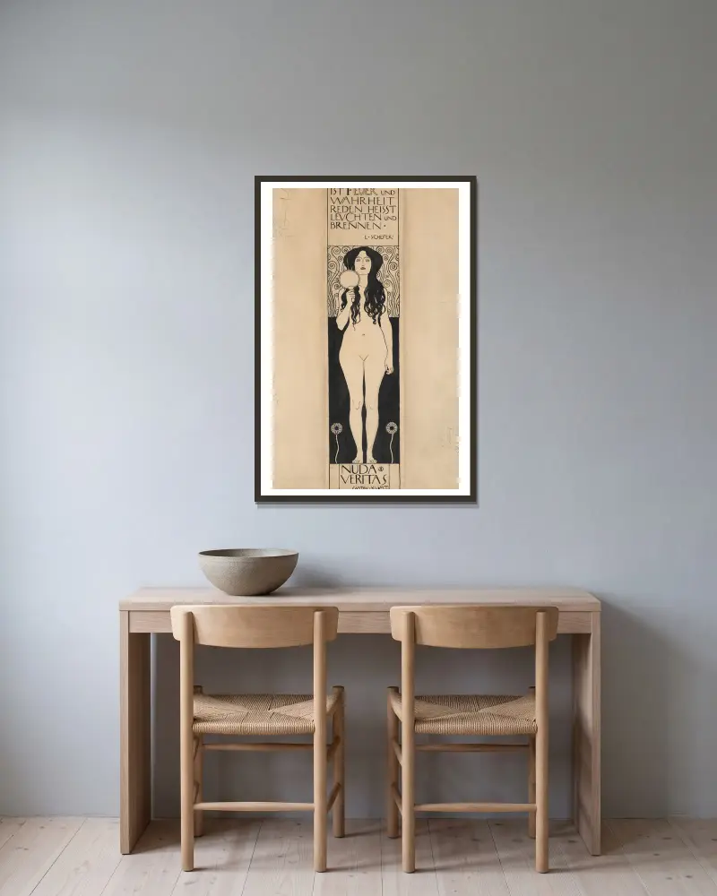 Nuda Veritas av Gustav Klimt inramad på en vägg
