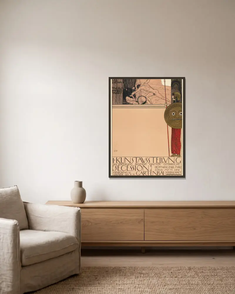 Plakat der 1. Ausstellung der Secession av Gustav Klimt inramad på en vägg