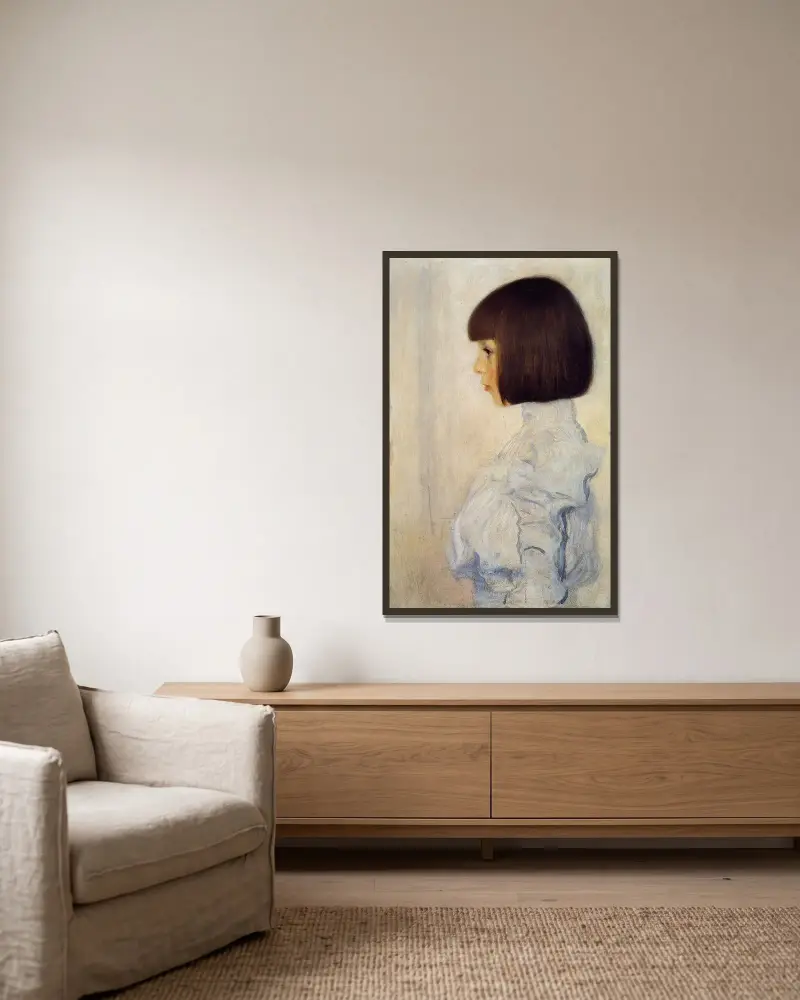 Porträtt av Helene Klimt av Gustav Klimt inramad på en vägg
